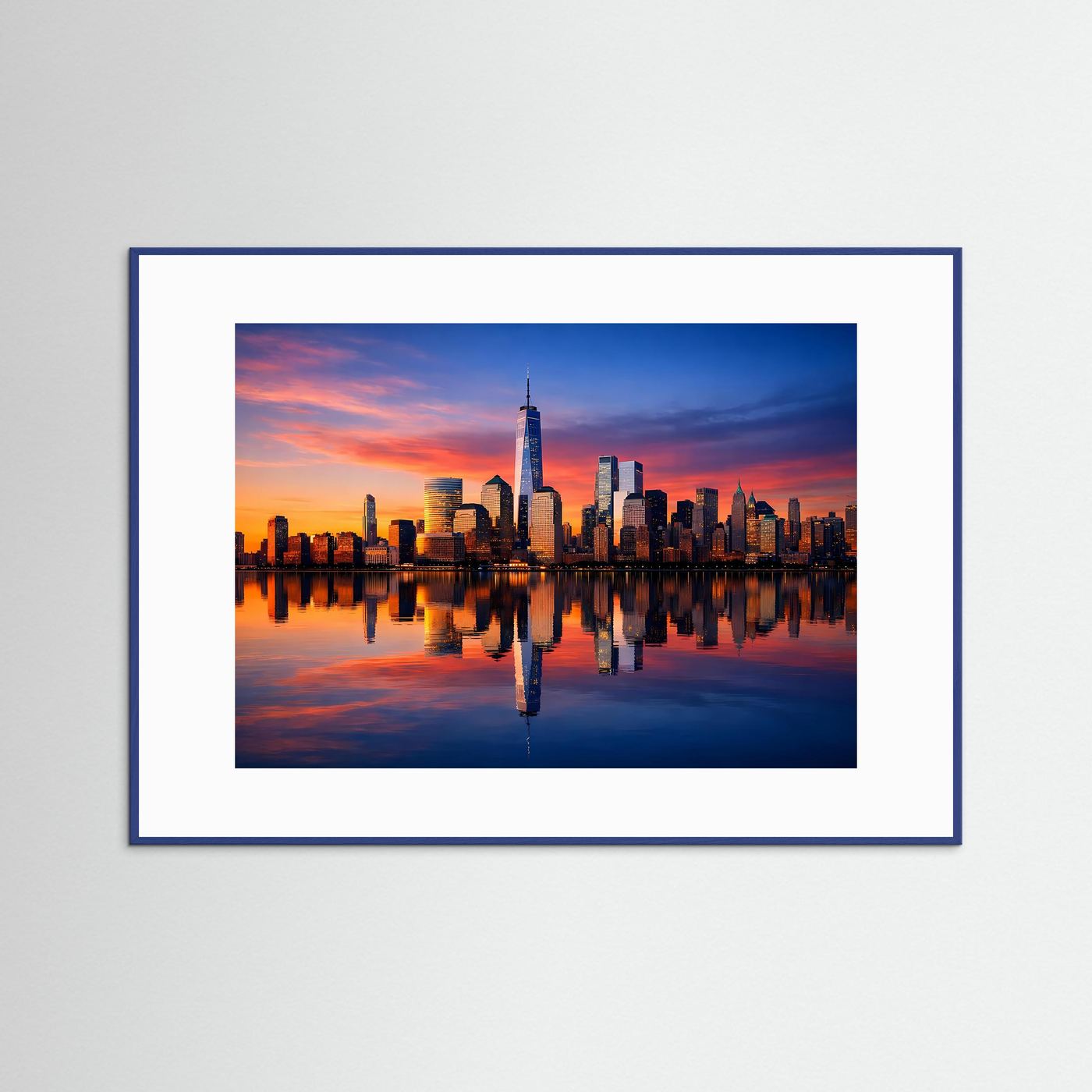 Gerahmtes Poster im Querformat mit Skyline bei Sonnenuntergang, blauer Rahmen, weißes Passepartout