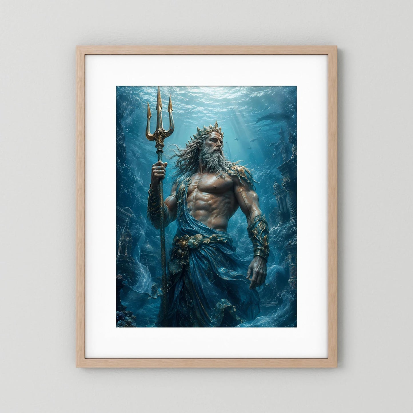 Vertikales Poster mit Poseidon und goldenem Dreizack, hellem Holzrahmen mit weißem Rand