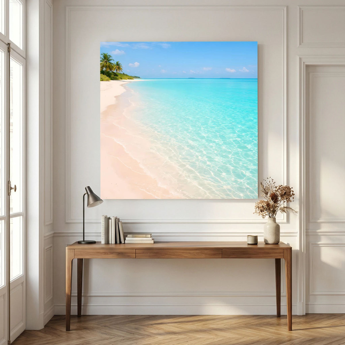 Leinwandbild mit Paradiesstrand: türkisfarbenes Wasser, Sandufer und Palme