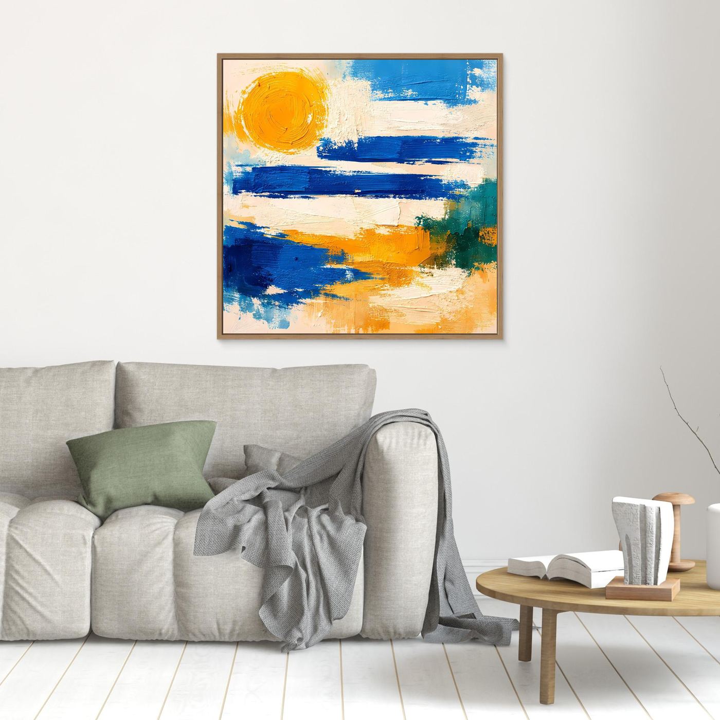 Oak-framed abstract canvas wall art with blue waves and yellow sun brushstrokes.