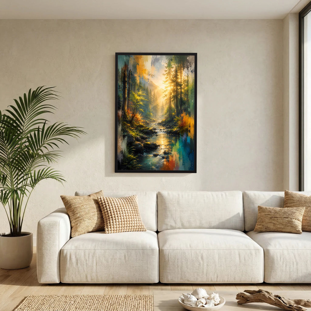 Kunstposter an der Wand: abstrakter Wald mit Bach, im schwarzen Rahmen