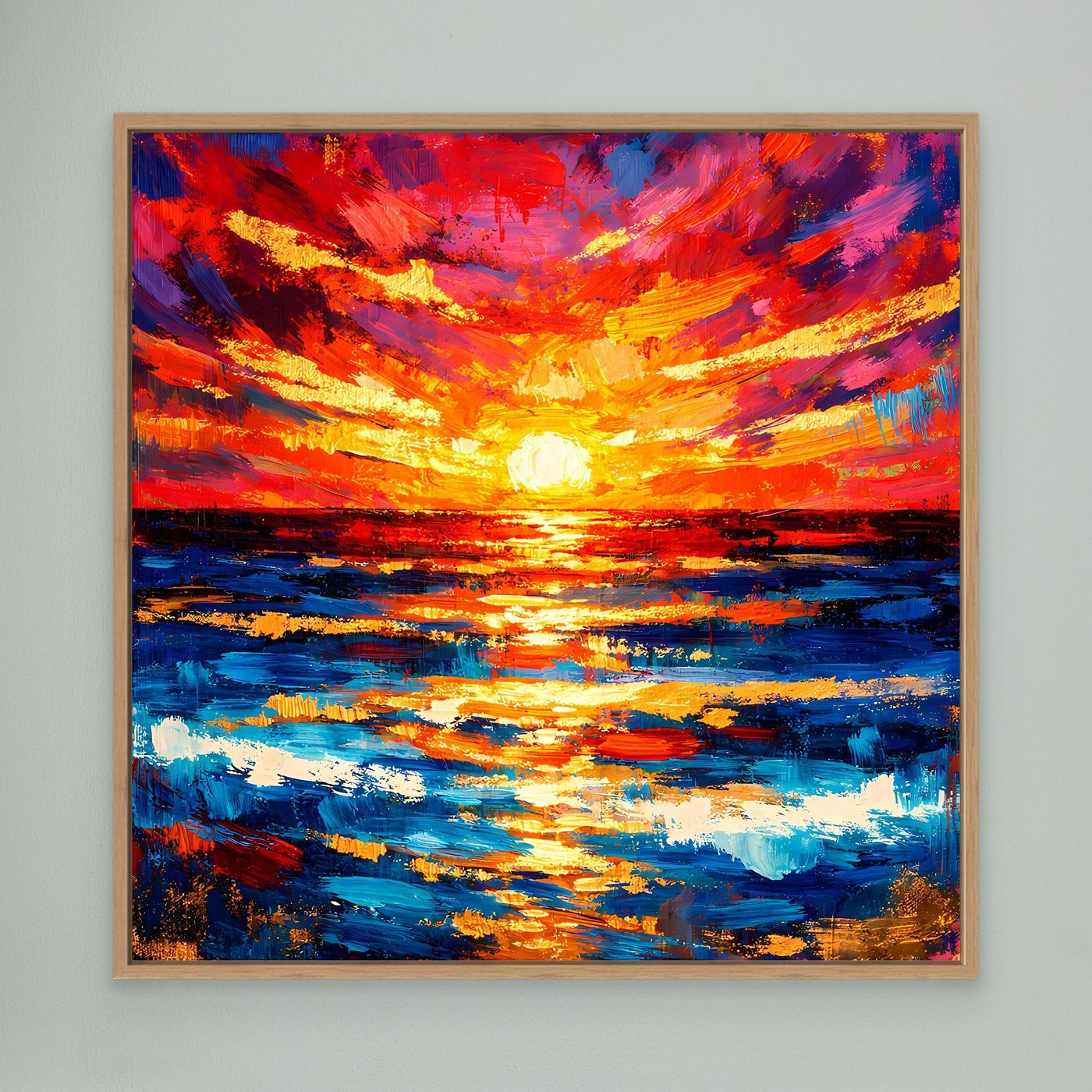 Abstraktes Leinwandbild Sonnenuntergang am Meer mit Rahmen in hellem Holz