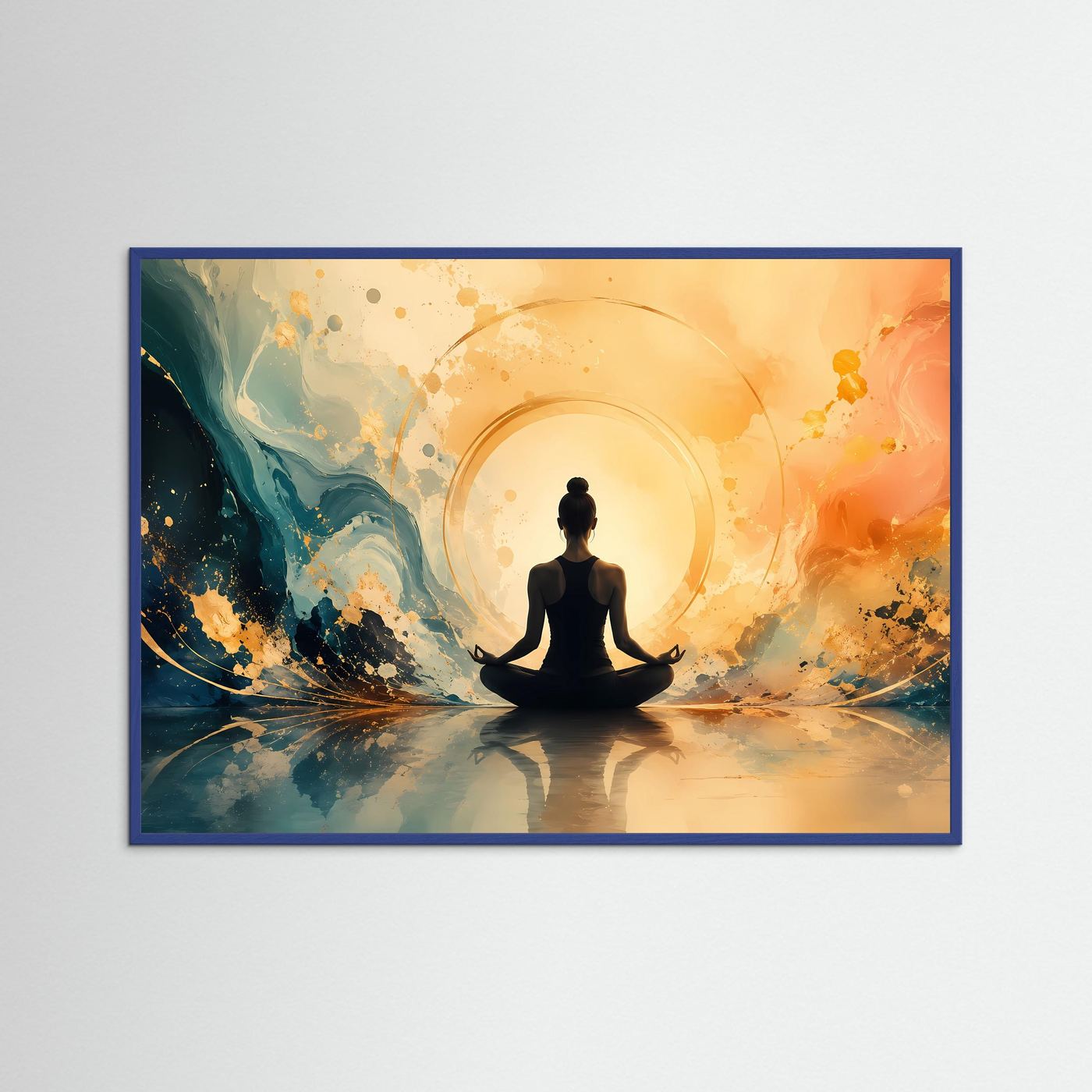 Innere Ruhe und Balance: Meditierende Figur im Lichtkreis | Modernes Yoga-Poster Querformat