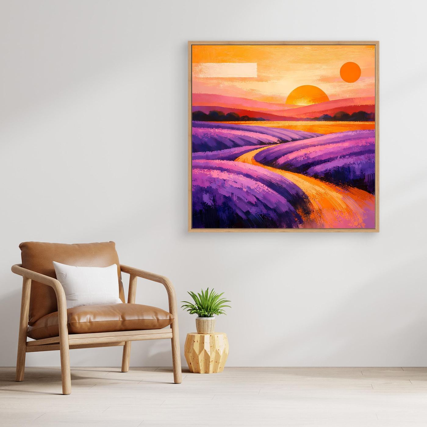 Wandbild aus Leinwand mit abstrakten Lavendelfeldern in Lila und orangefarbenen Akzenten