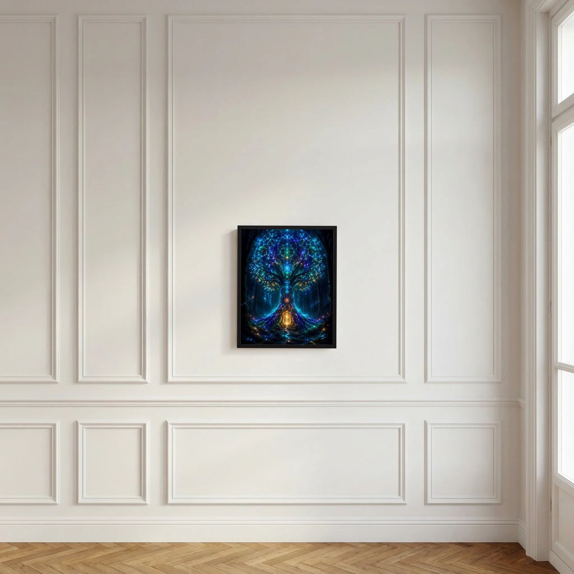 Wandposter im schwarzen Rahmen mit blau leuchtendem Baum-Motiv