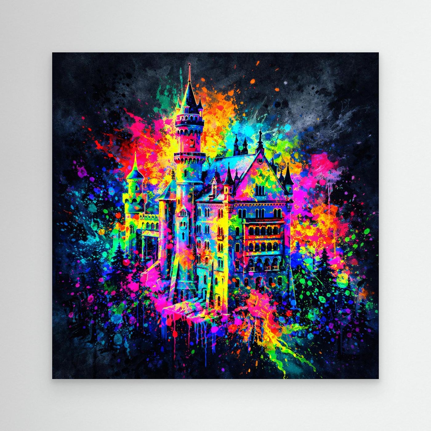 Leinwandbild mit bunter Graffiti-Schlossillustration, dunkler Rahmen