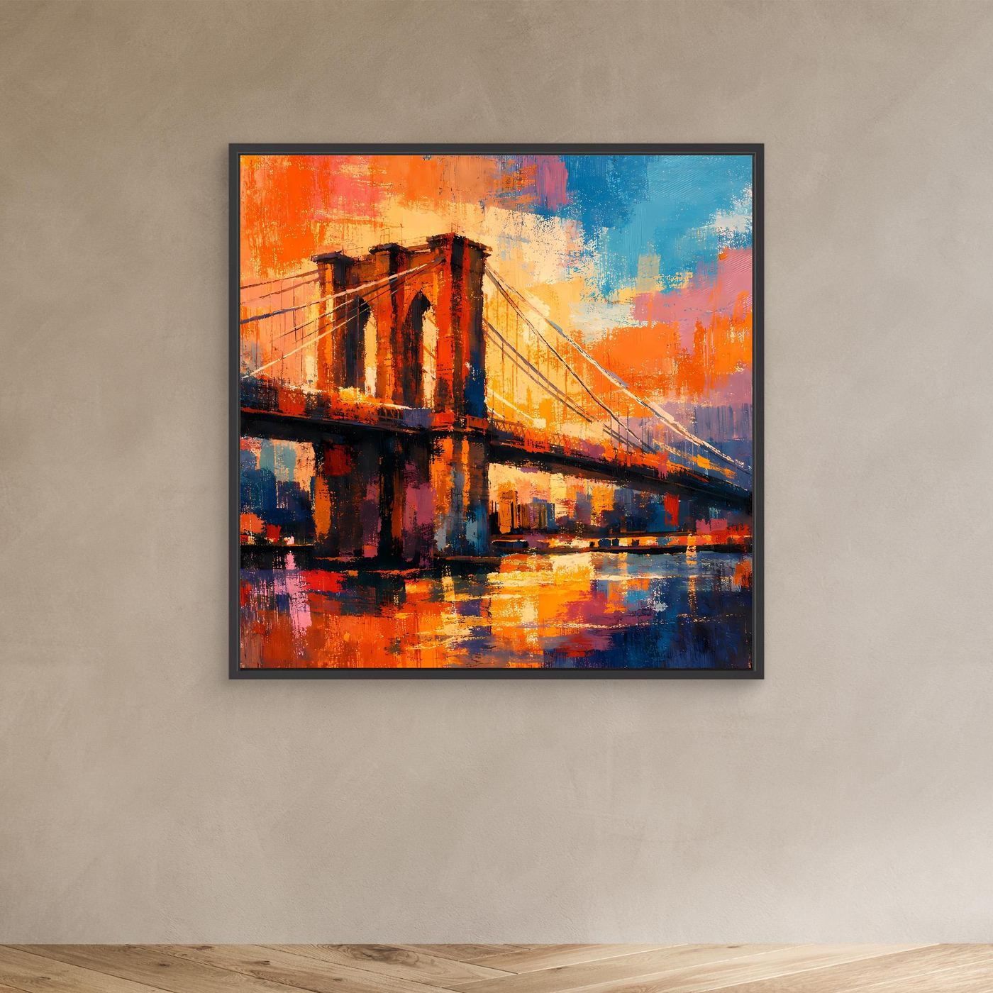 Leinwandbild mit Brückenmotiv, orange-blauer Farbverlauf, dunkler Rahmen