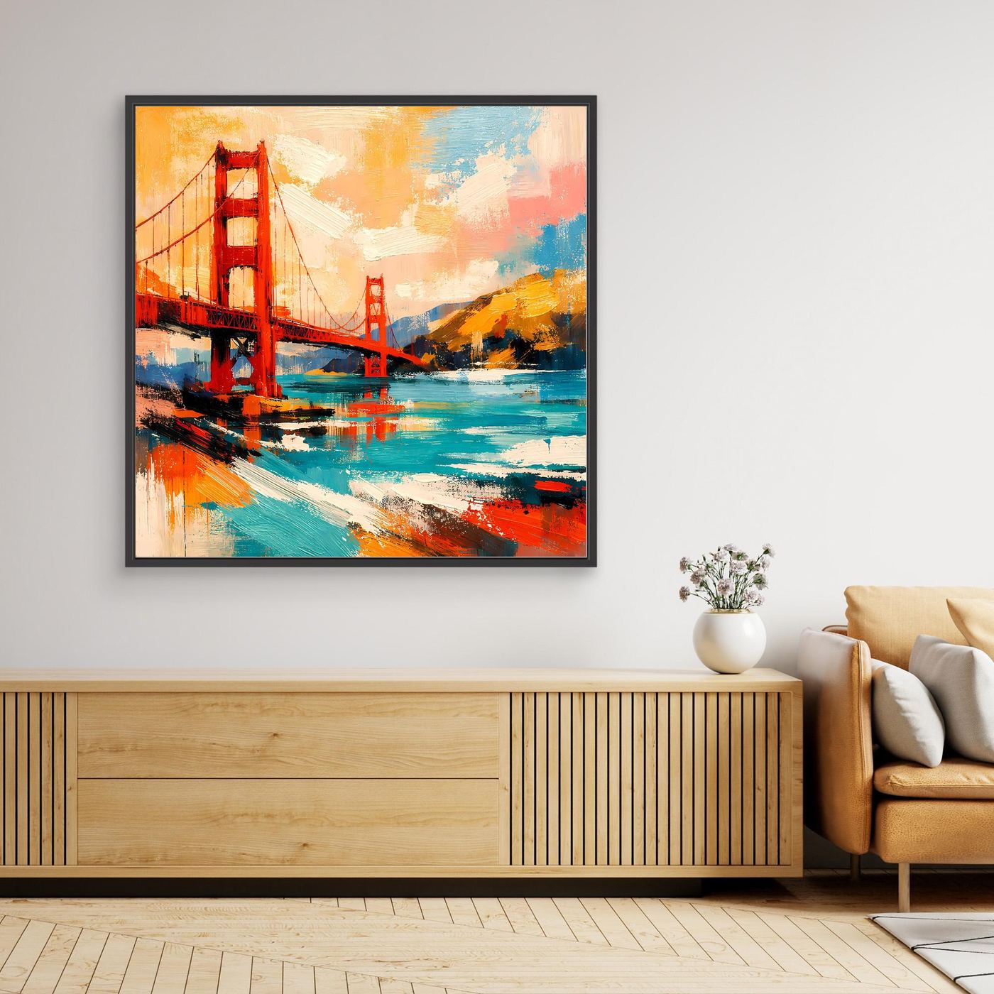 Framed canvas wall art of abstract Golden Gate Bridge, black frame