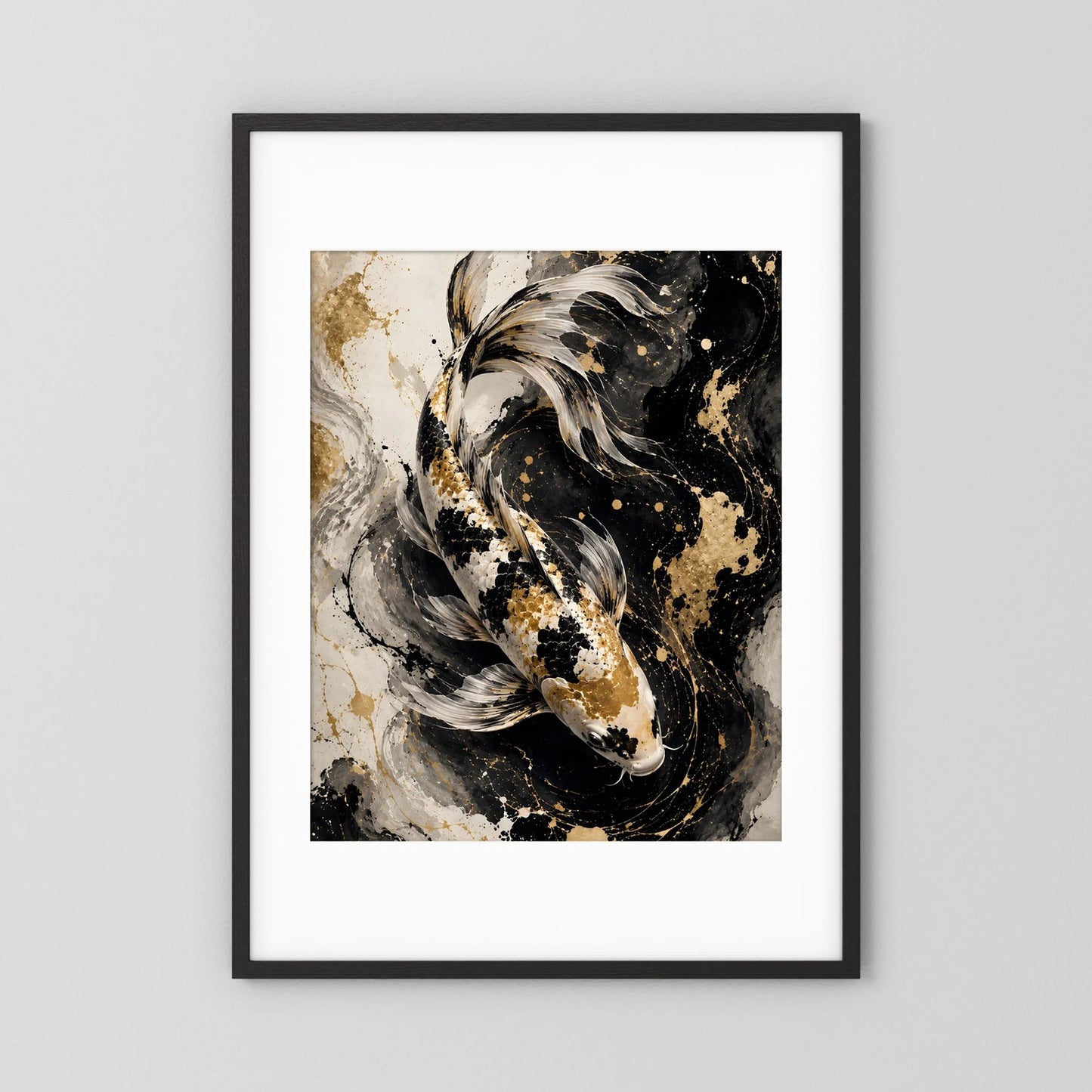 Koi-Wandposter im schwarzen Rahmen mit weißem Passepartout, abstrakter Koi in Schwarz/Gold