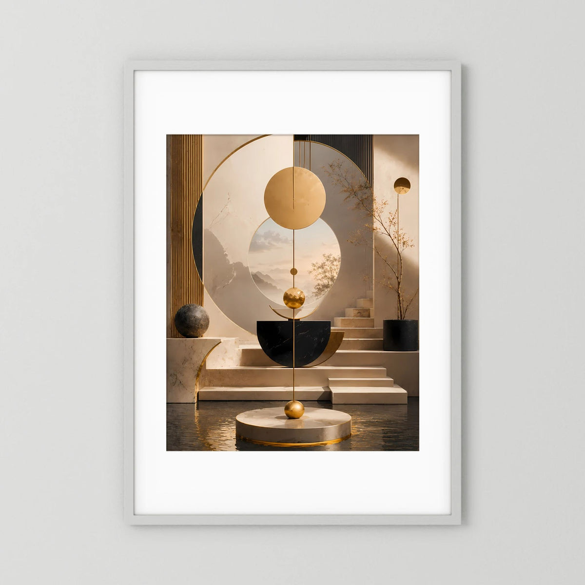 Abstraktes Geometrie-Poster im Hochformat mit weißem Rahmen und weißem Rand, Goldakzente