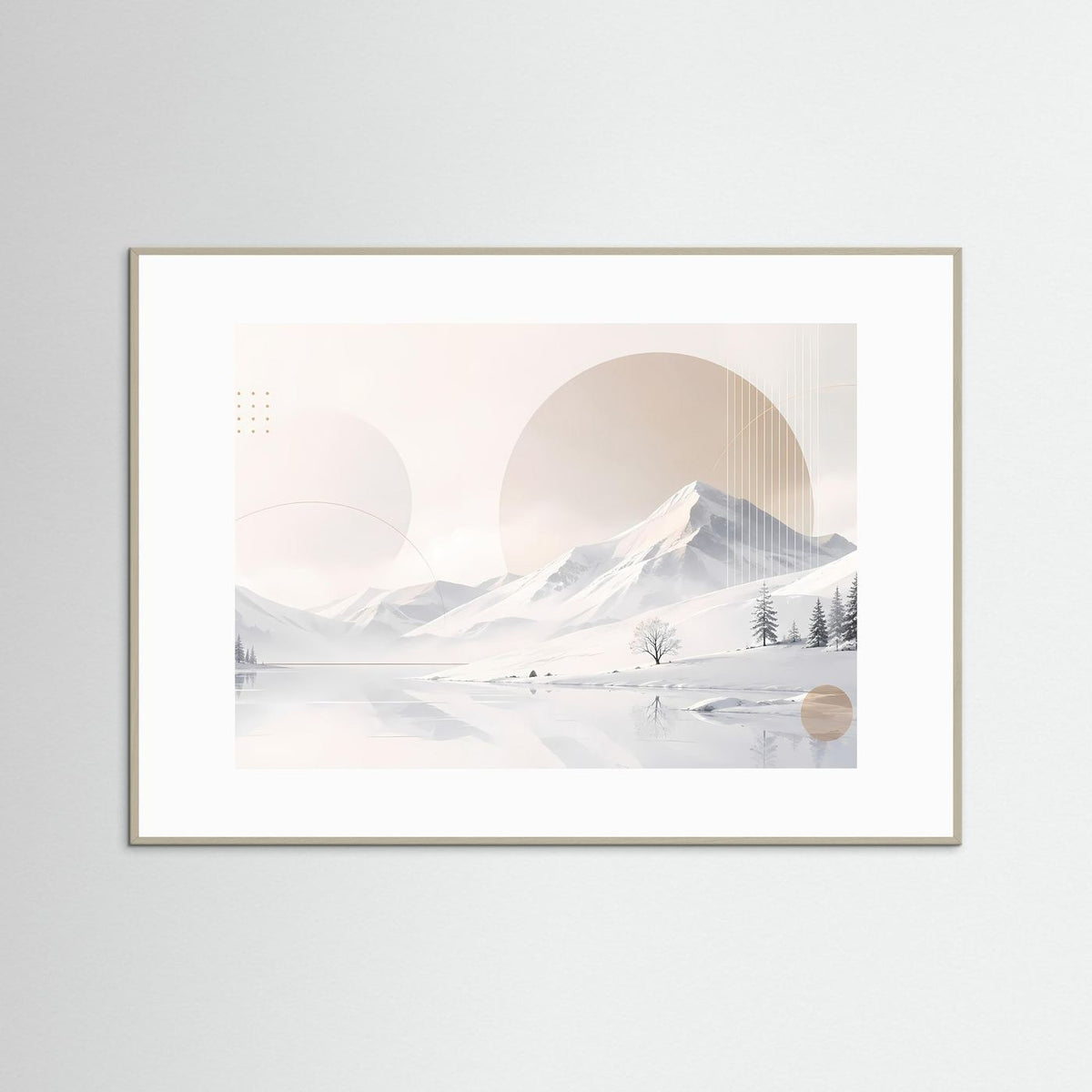 Querformatiges Poster mit winterlichen Bergen in Weiß und Beige, Holzrahmen hellbraun