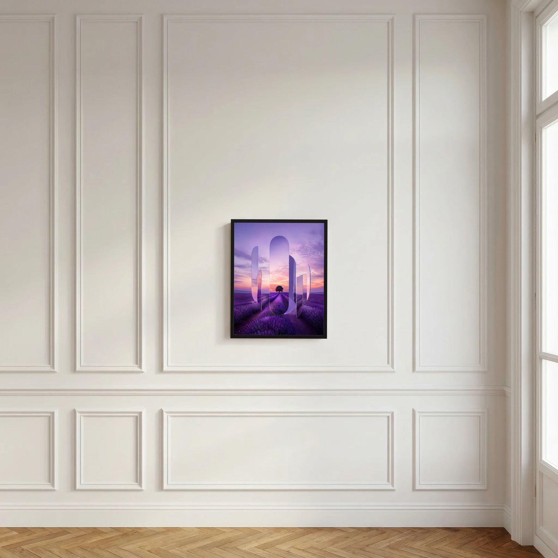 Kunstposter im Hochformat im schwarzen Rahmen: violettes Lavendelfeld mit futuristischen Formen