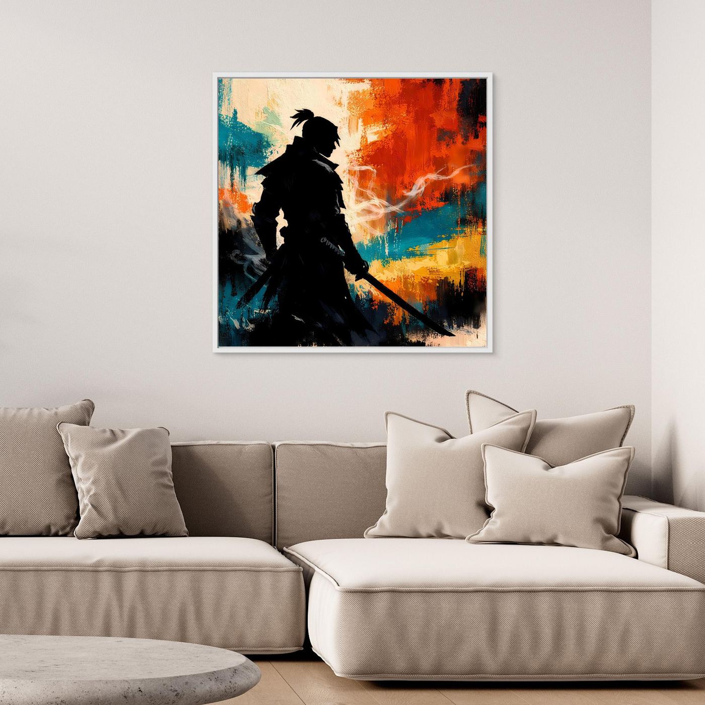 Gerahmtes Leinwand-Wandbild mit schwarzer Samurai-Silhouette und mehrfarbigem Farbverlauf