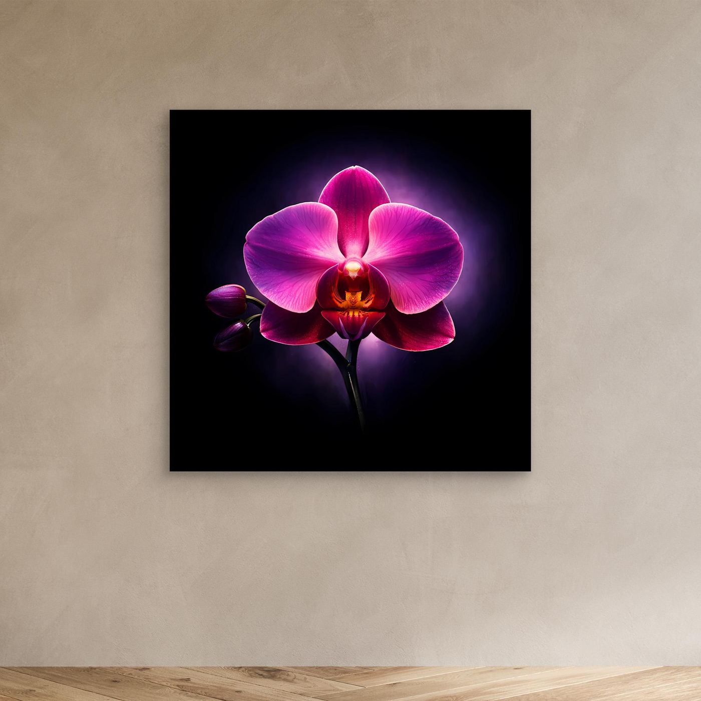 Leinwandbild mit abstrakter Orchidee, pink-lila Blüte, mit schwarzem Rahmen