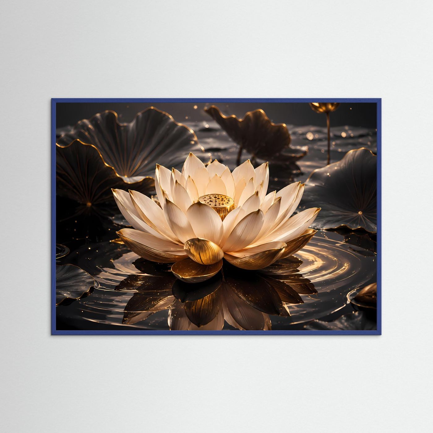 Edle Lotosblüte im goldenen Wasser | Spirituelle Kunst & Zen Poster Querformat
