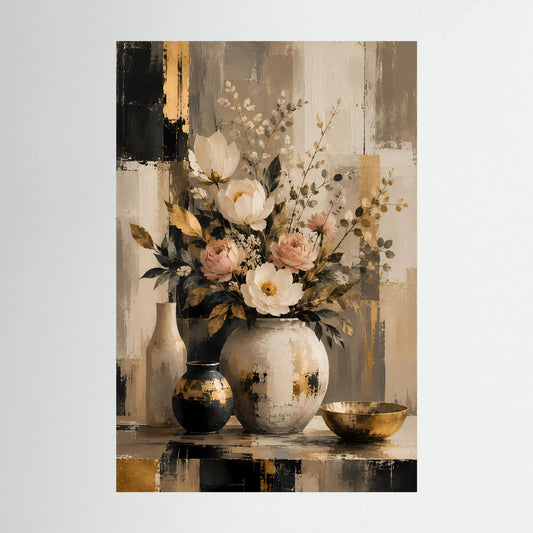 Blumenstrauß-Poster mit creme-rosa Blumen in Vasen, goldige Akzente, Hochformat.