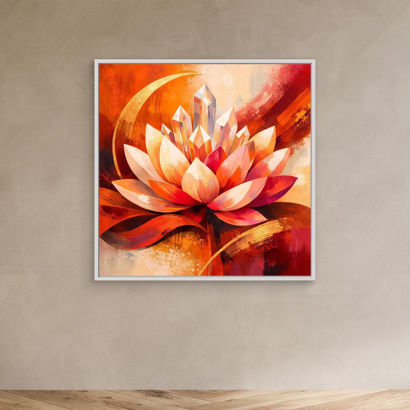 Leinwandbild mit abstrakter Lotusblüte in Orange und Rot, mit hellem Rahmen