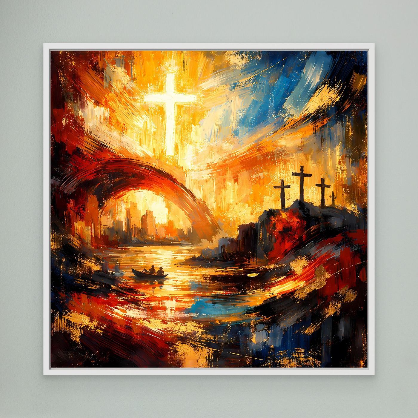 Leinwandbild mit goldenem Kreuz über abstrakter Landschaft im Meer, weiß gerahmt