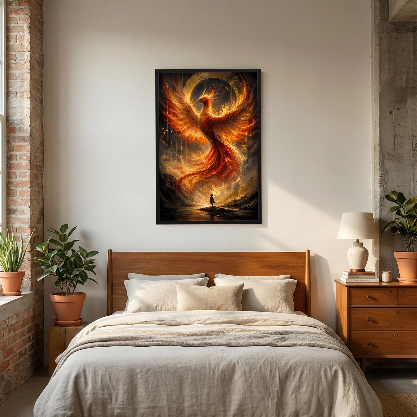 Hochformatiges Poster mit gold-orange Phönix aus Feuer, schwarzer Rahmen über Bett