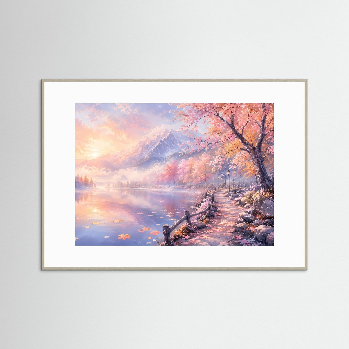 Pastell Alpen am Spiegelsee | Romantisches Berglandschaft Panorama Poster Querformat in Rosa & Gold
