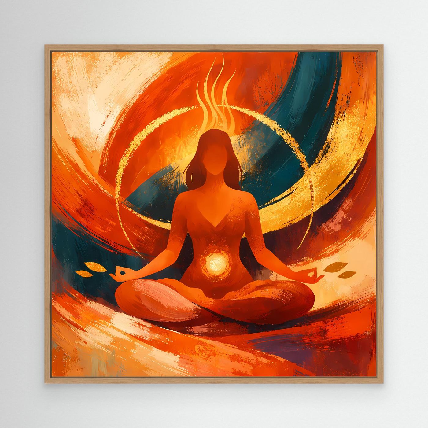 Abstraktes Leinwandbild: meditierende Yogaperson in Orange, Gold und Blau, mit hellem Holzrahmen
