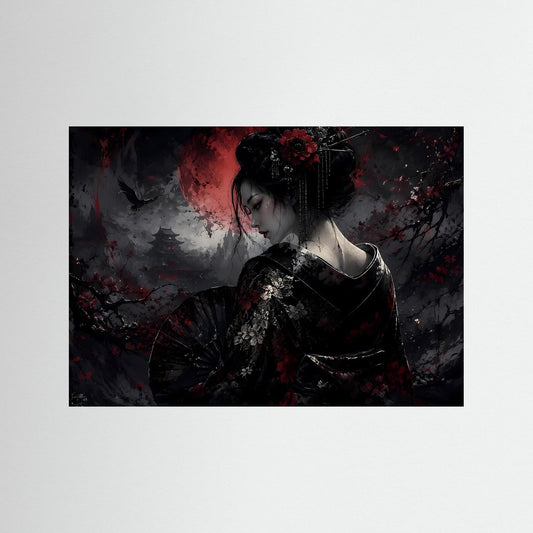 Japanische Wandkunst auf Leinwand: Geisha im Kimono unter rotem Mond mit Kirschblüten