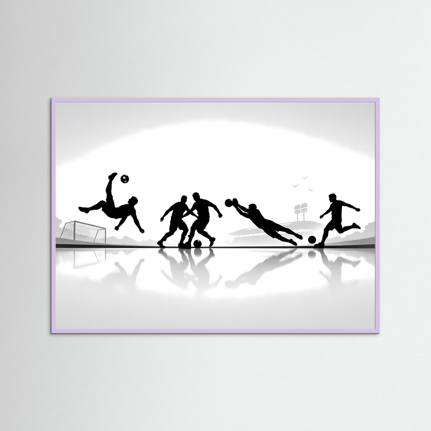 Fußball-Poster im lila Rahmen mit schwarzweißen Spieler-Silhouetten, Querformat