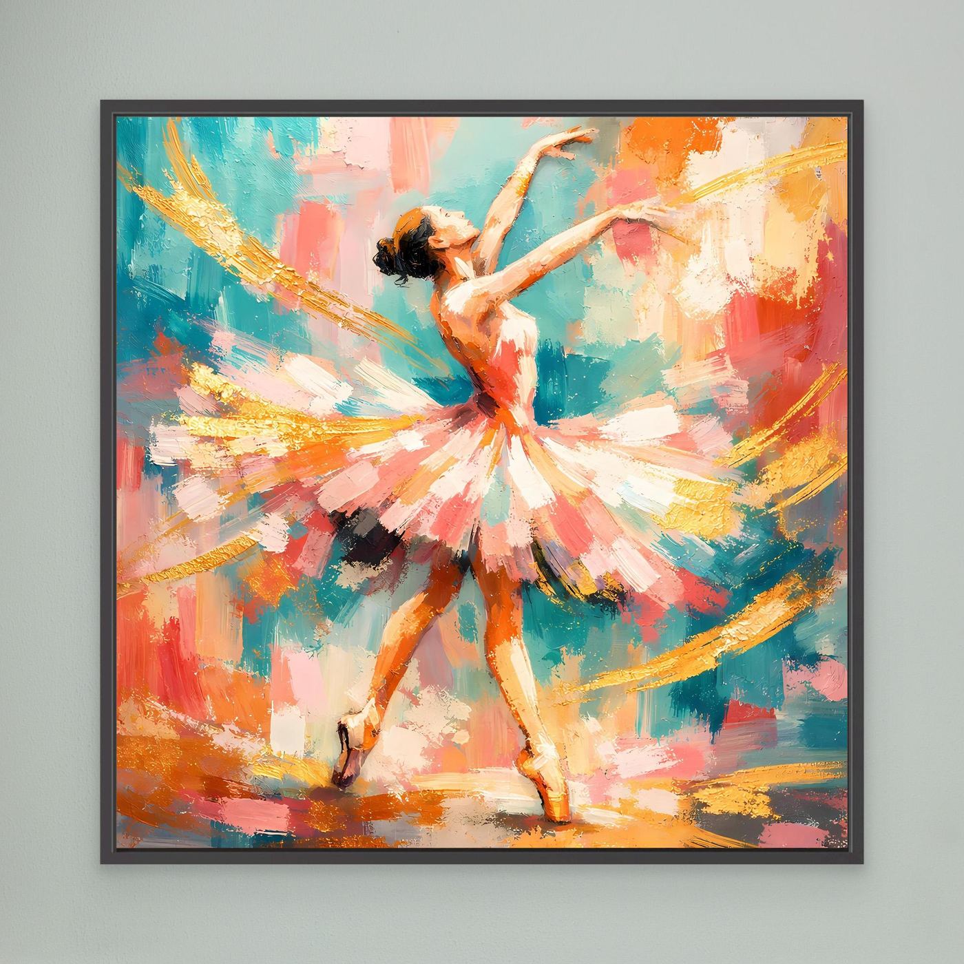 Leinwandbild mit abstrakter Ballerina, buntes Farbspiel, im schwarzen Rahmen
