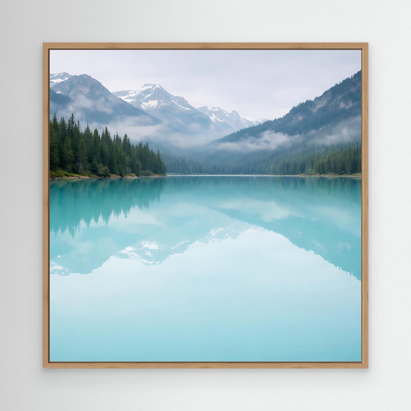 Leinwandbild mit türkisfarbenem Bergsee, Spiegelung, Nadelwald und Holzrahmen