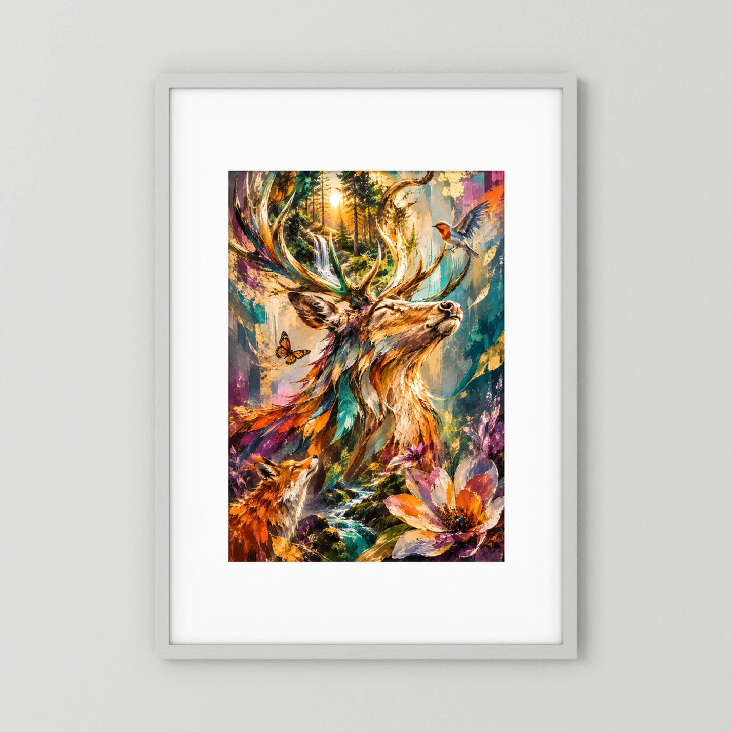 Hochformatiges Poster: bunter Hirsch mit Vogel, im Rahmen