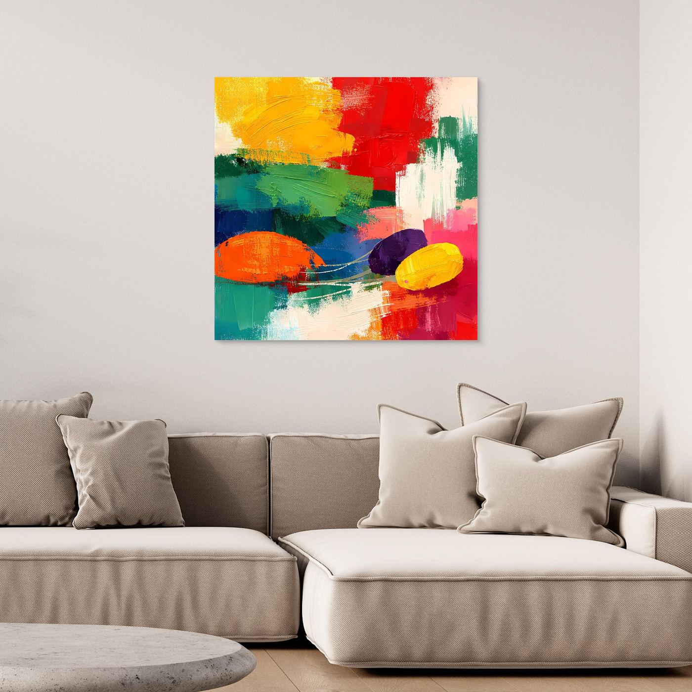 Leinwand-Wandbild mit abstrakten Farbklecksen in Rot, Grün, Gelb, Blau und Weiß