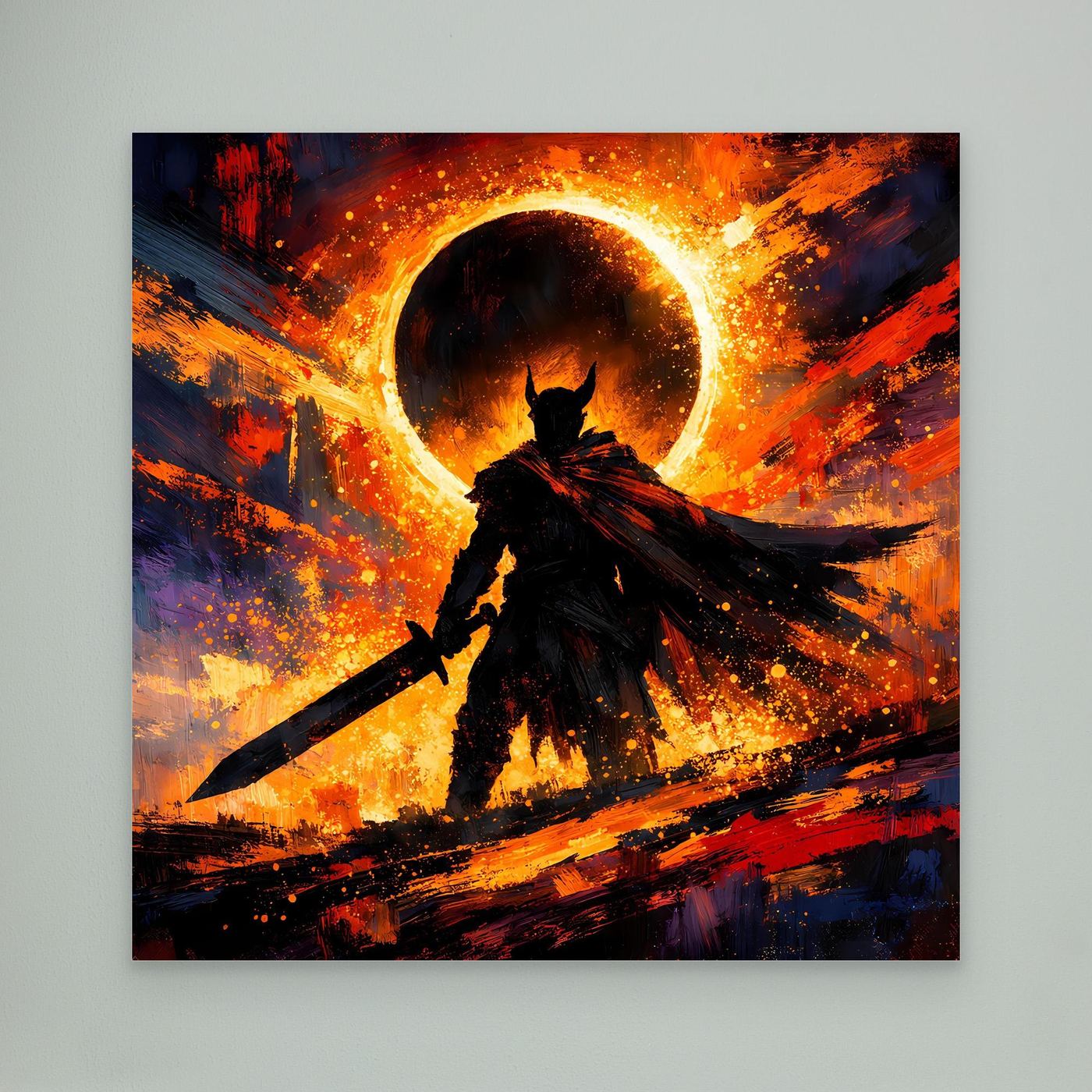 Leinwandbild: dunkler Ritter mit Schwert und orange leuchtendem Lichtkreis