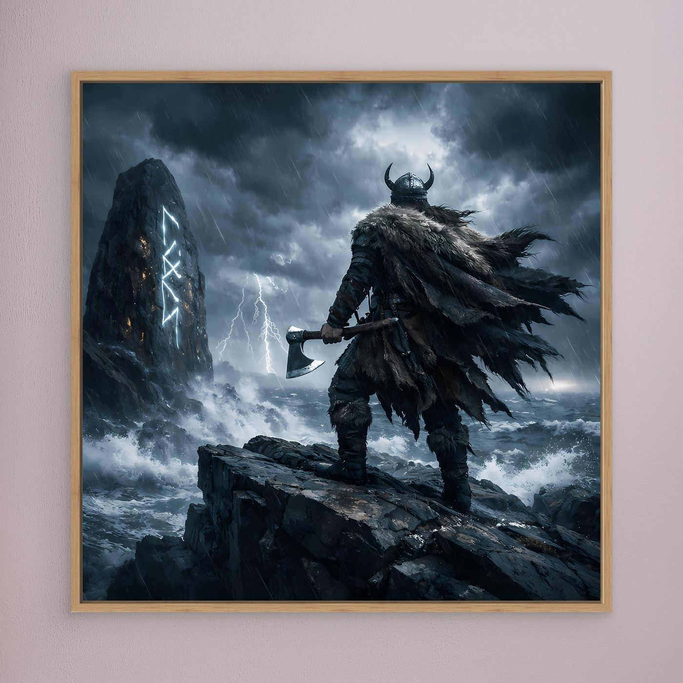 Leinwand Mystischer Wikinger am Runenstein | Abstraktes Nordisches Gewitter Wandbild