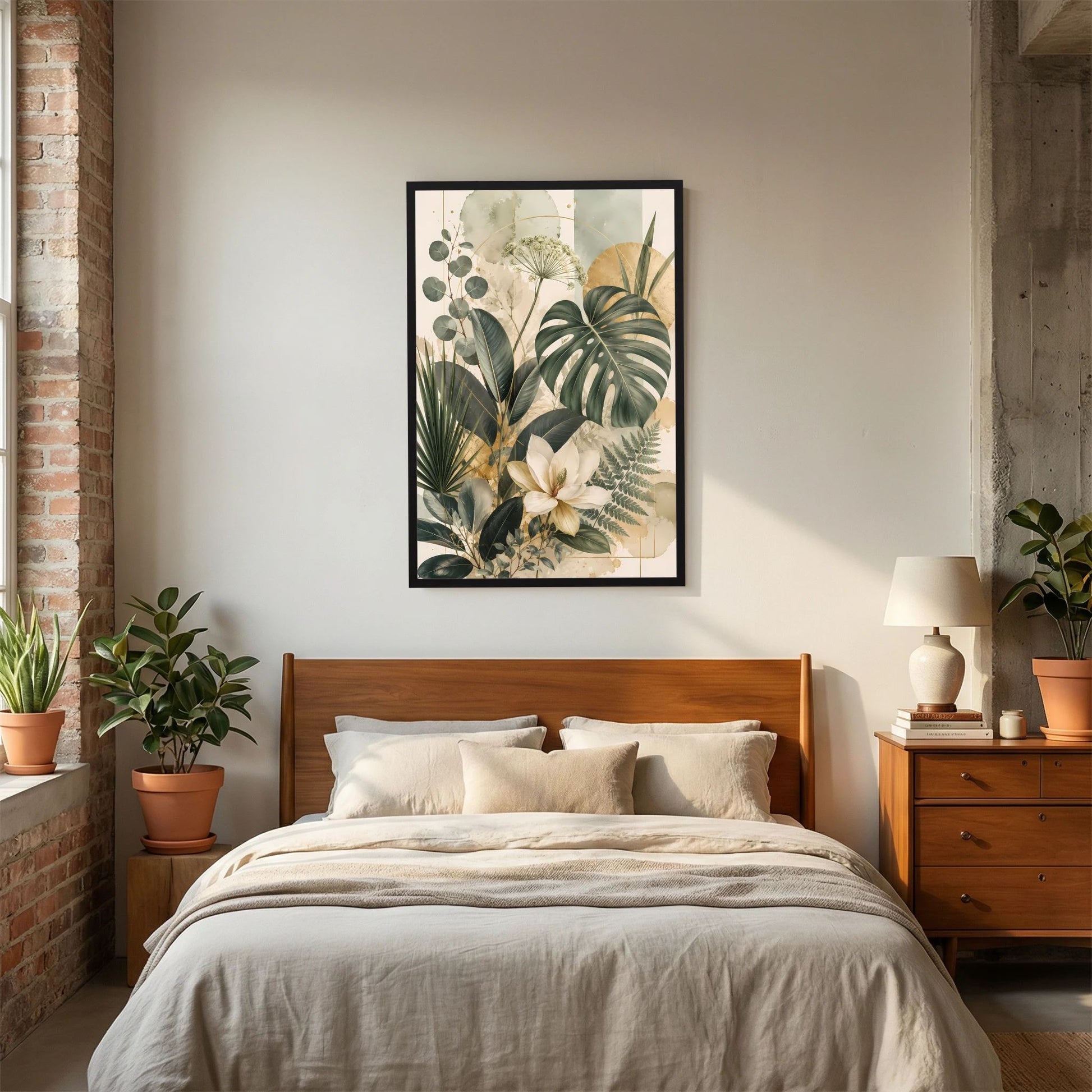 Hochformatiges Pflanzenposter mit Magnolienblüte und grünen Blättern, schwarzer Rahmen