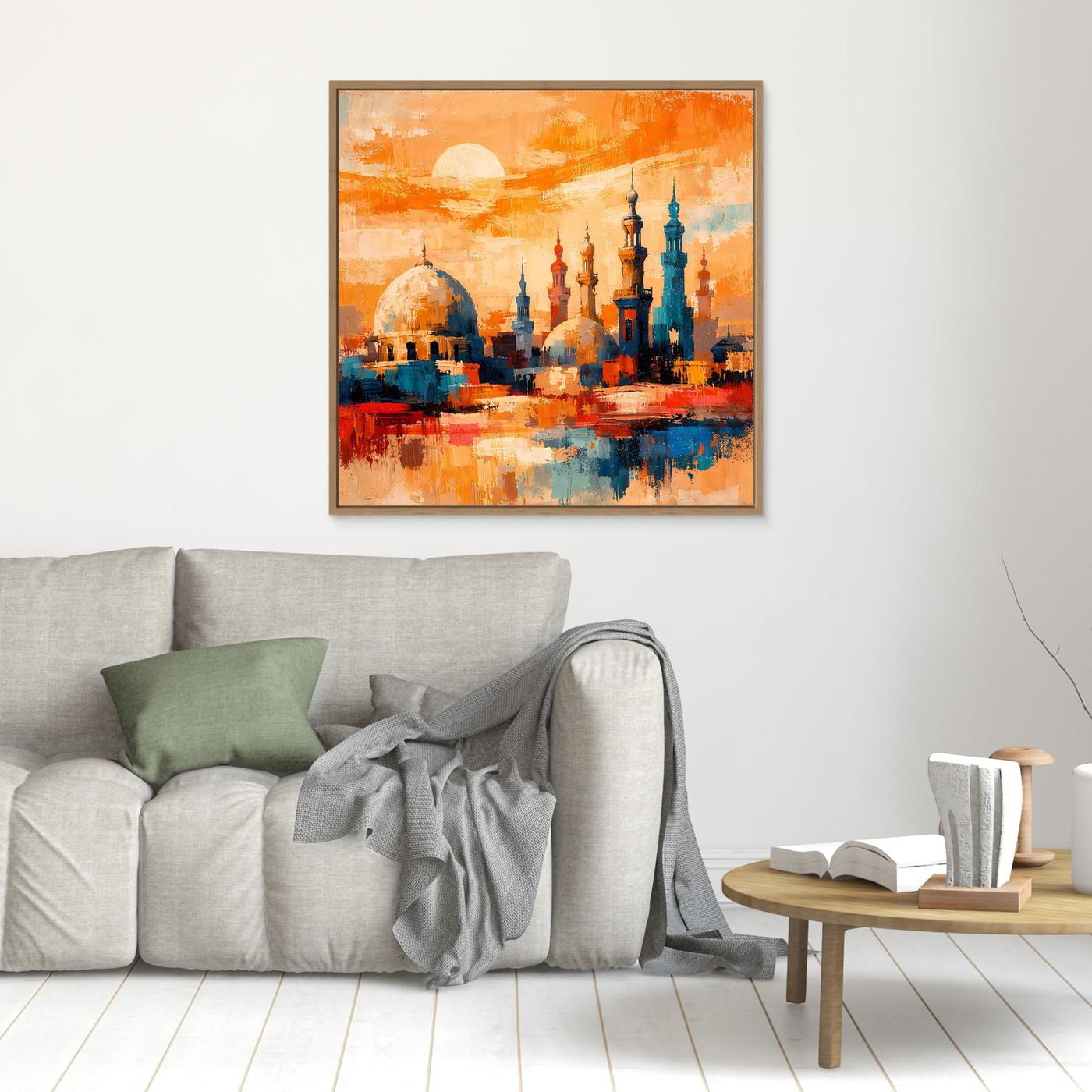 Abstraktes Leinwandbild mit Minaretten-Skyline und Sonne, braun gerahmt
