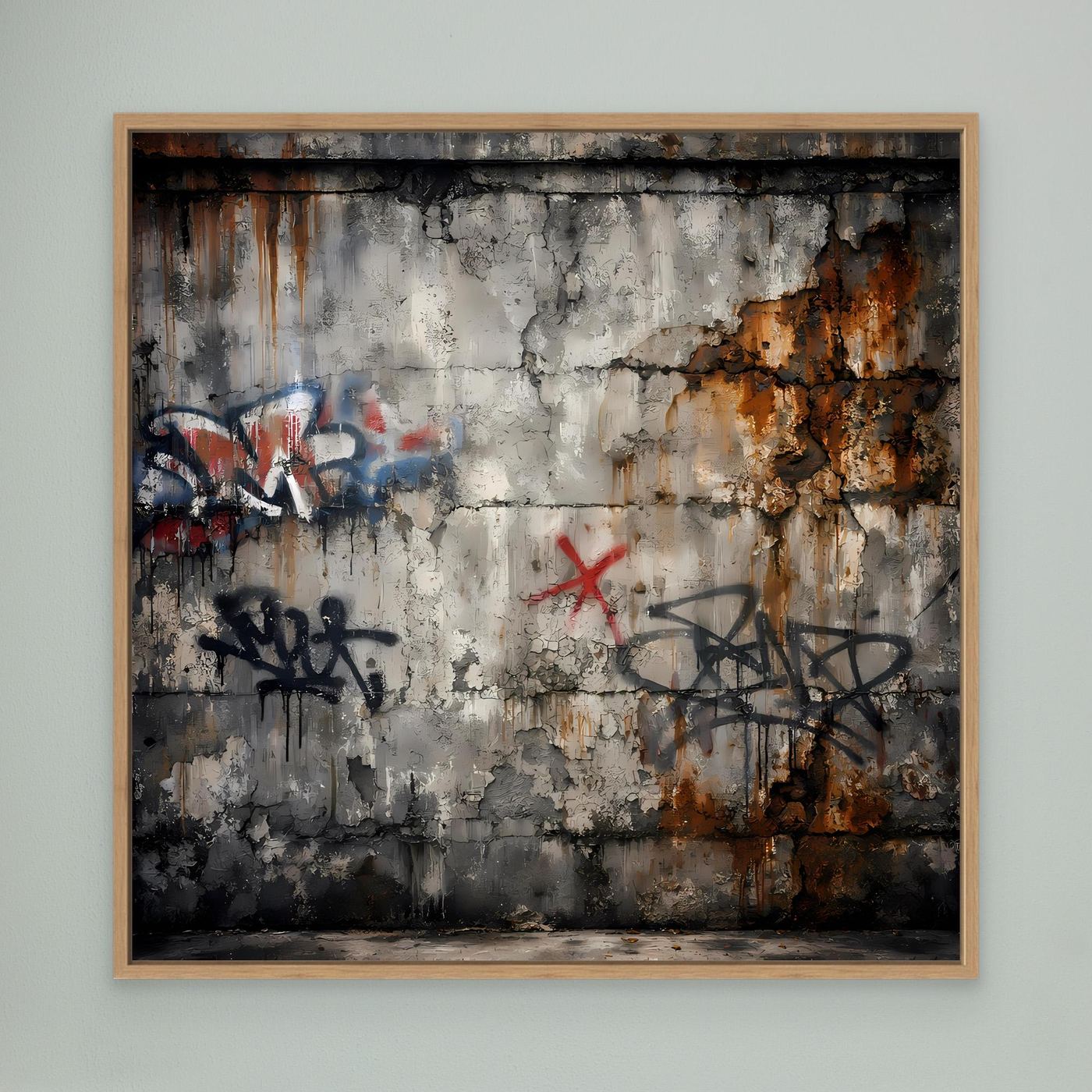 Leinwandbild mit Graffiti auf Betonwand im Eichenrahmen, grau mit rostbraunen Spritzern