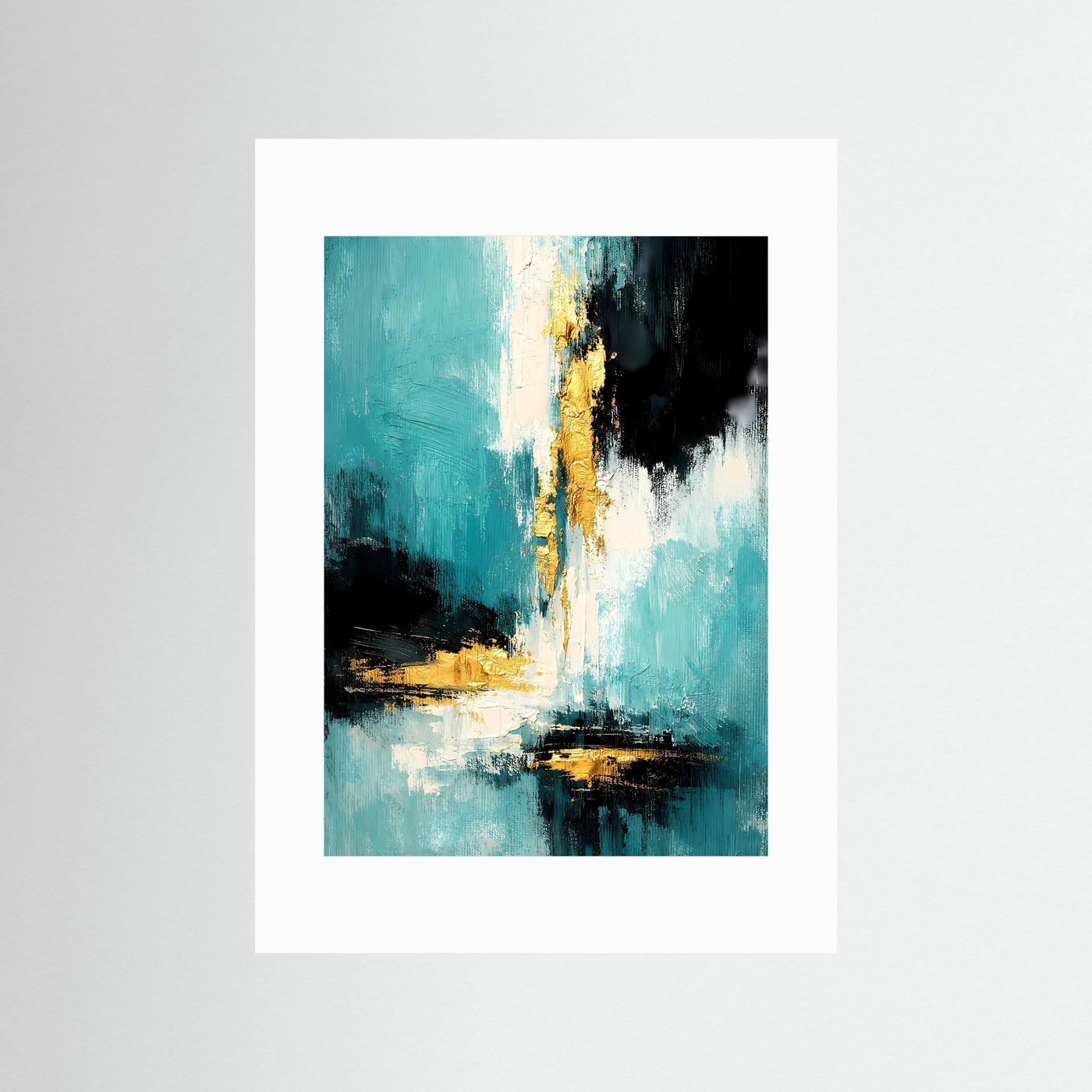Abstraktes Acrylposter im Hochformat mit weißem Passepartout; türkis, dunkel und goldene Linien.