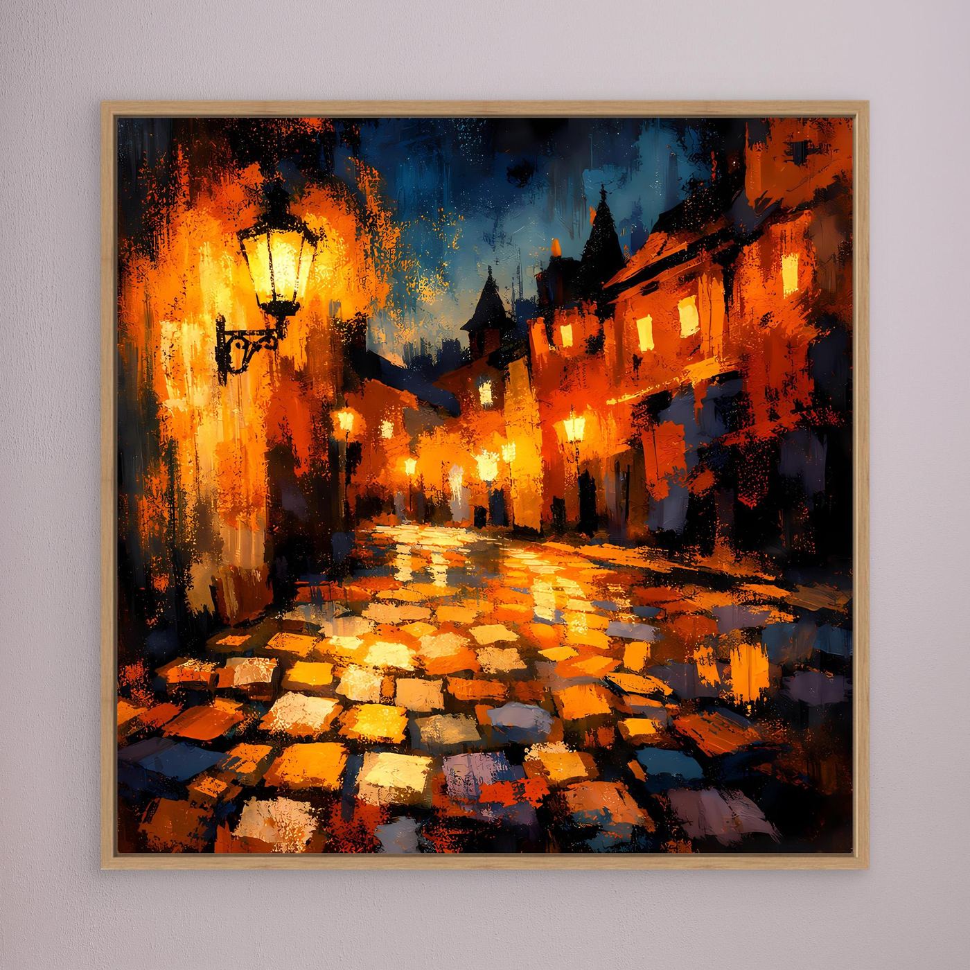 Leinwand Abstraktes Altstadt Gemälde | Modernes Romantisches Gassen Wandbild bei Nacht