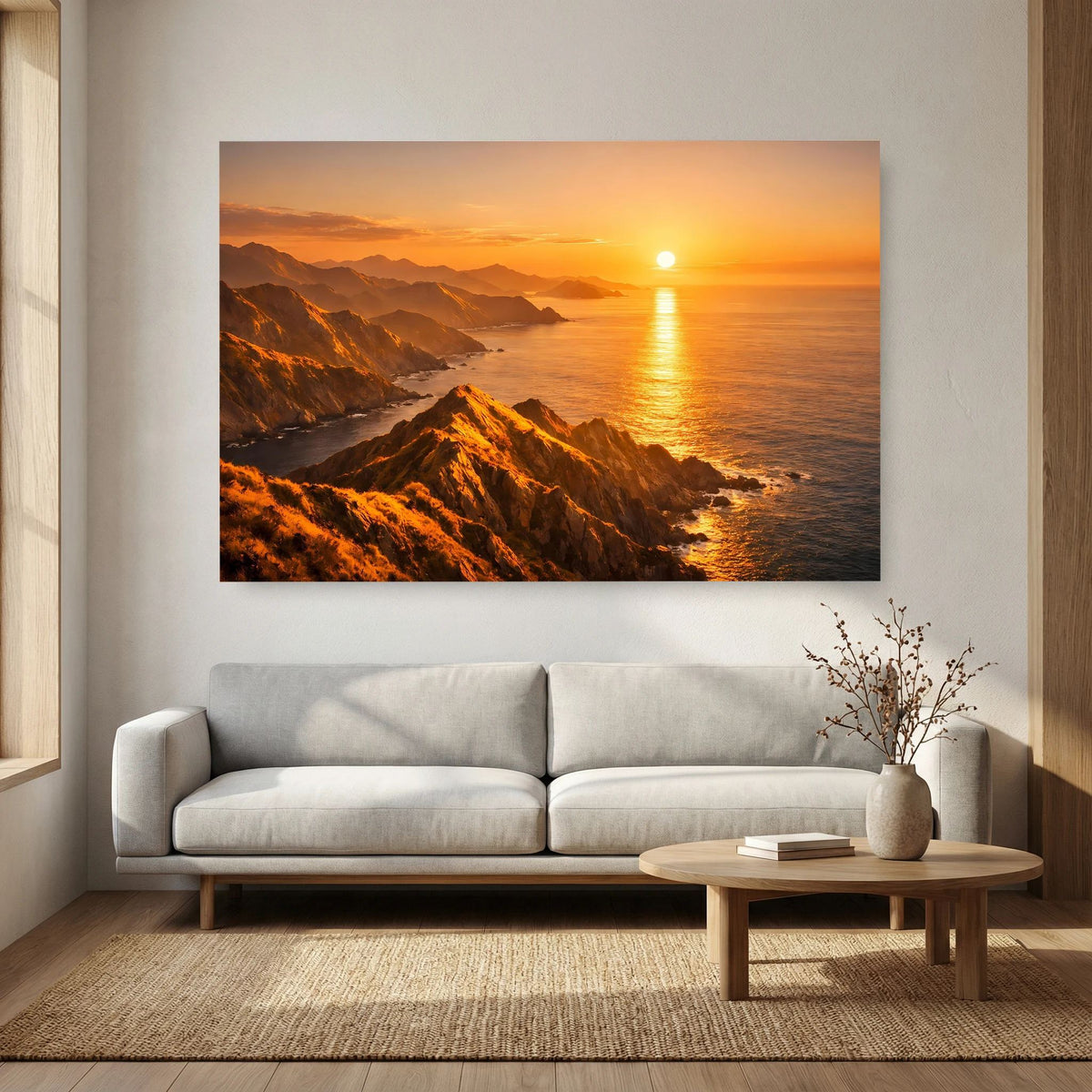 Wandbild mit Küstenklippen bei Sonnenuntergang, warmes Orangegelb über ruhiger See