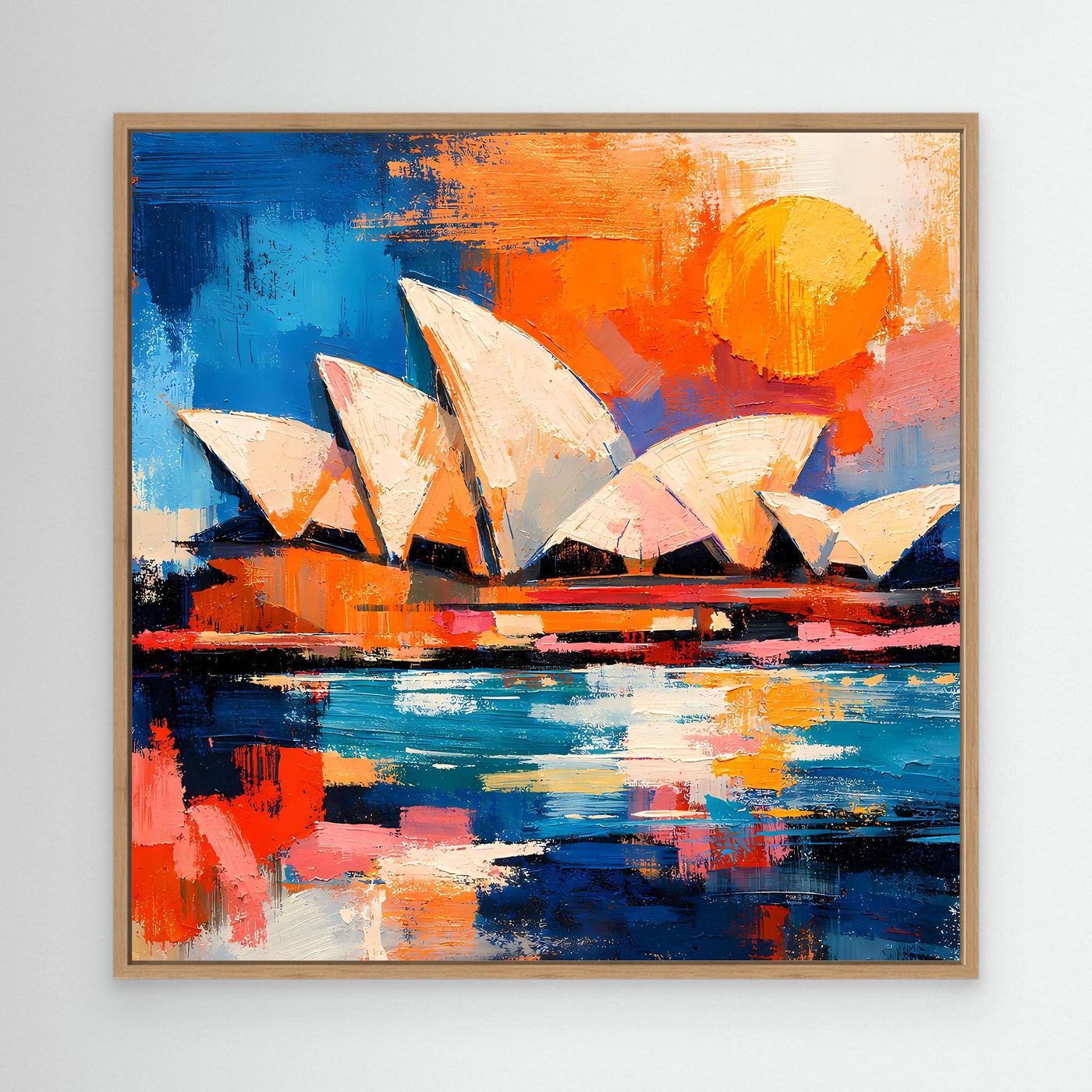 Abstract Sydney Opera House wall art canvas in light oak frame with blue water and orange sun