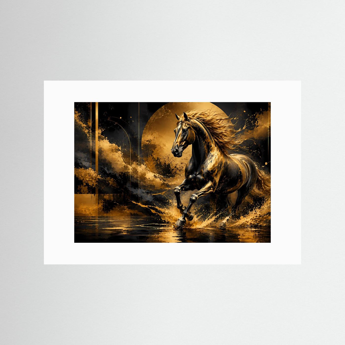 Querformat-Poster mit Pferdemotiv, schwarz-gold, weißes Passepartout