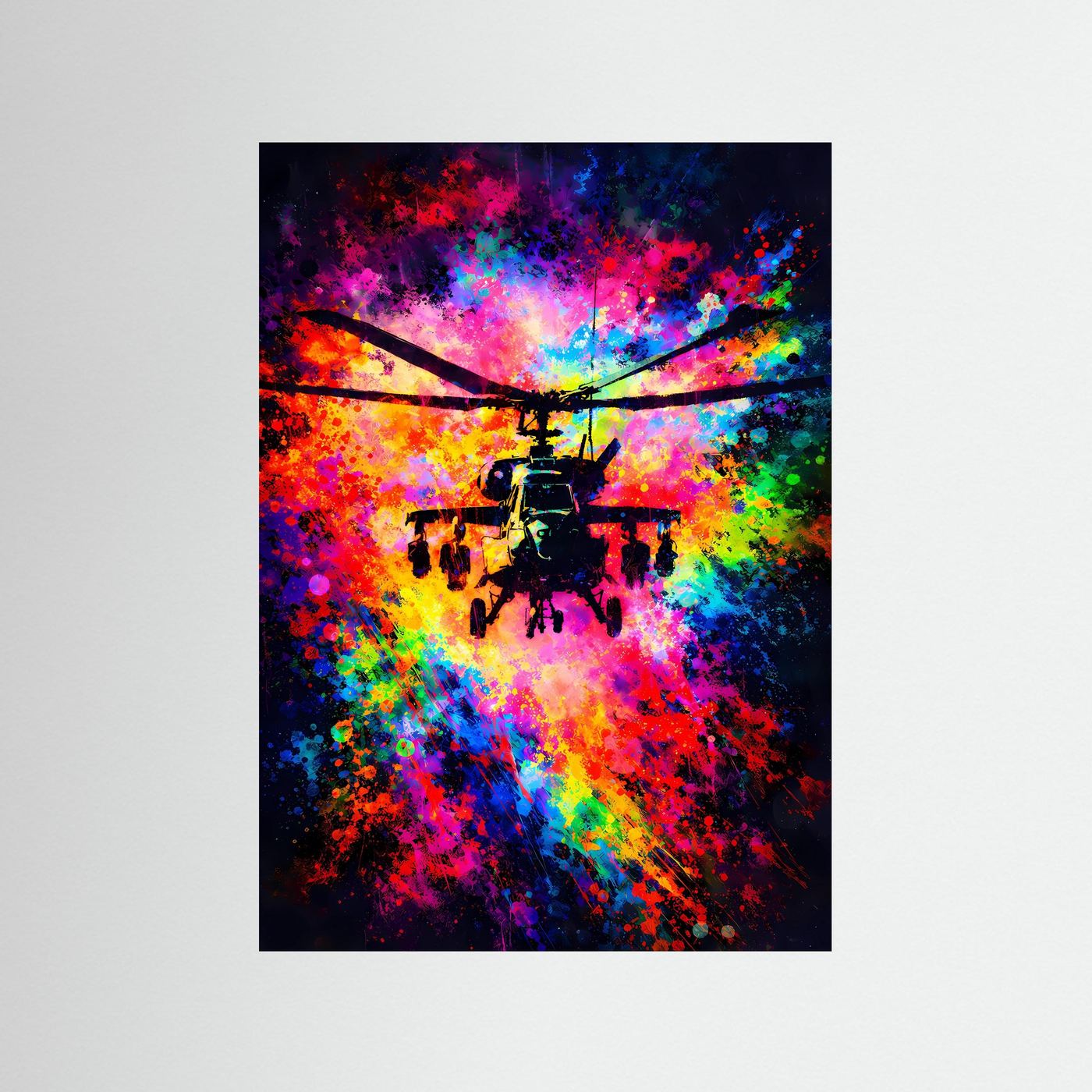 Explosive Dynamik | Helikopter Poster in bunten Neon-Farben & Graffiti-Optik | Abstraktes Kunstposter Hochformat