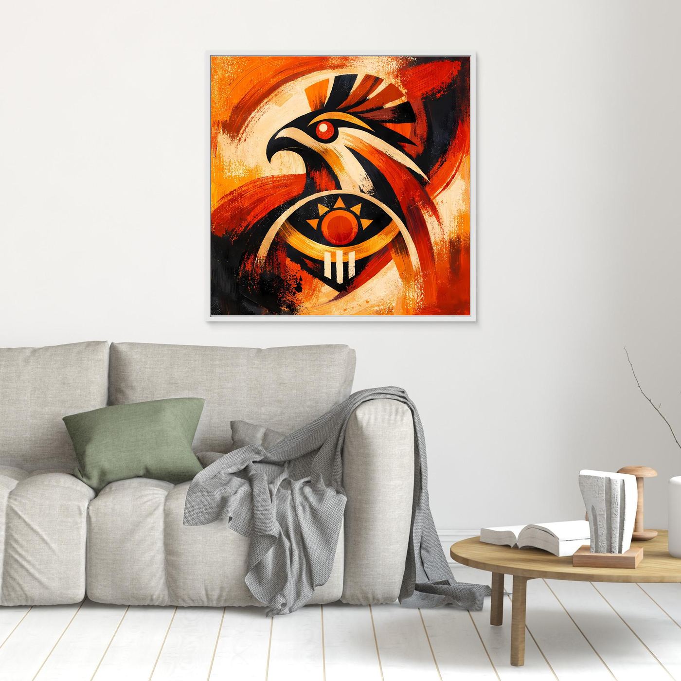 Wandbild mit abstraktem Falkenmotiv und Sonnensymbol, ohne Details zum Rahmen, orange