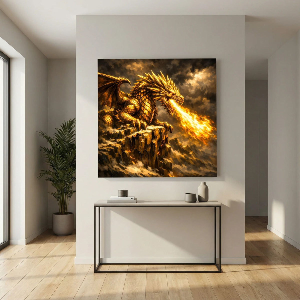 Fantasy-Leinwandbild mit goldenem Drachen und feuerspeiendem Maul, gerahmt