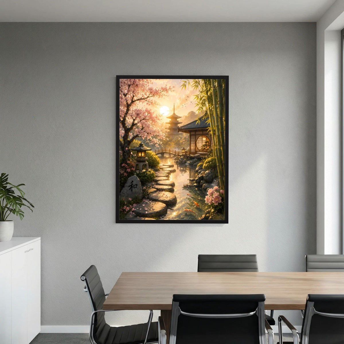 Hochformat-Poster Zen-Garten mit warmem Abendlicht: Pfad, Laternen und Pagode