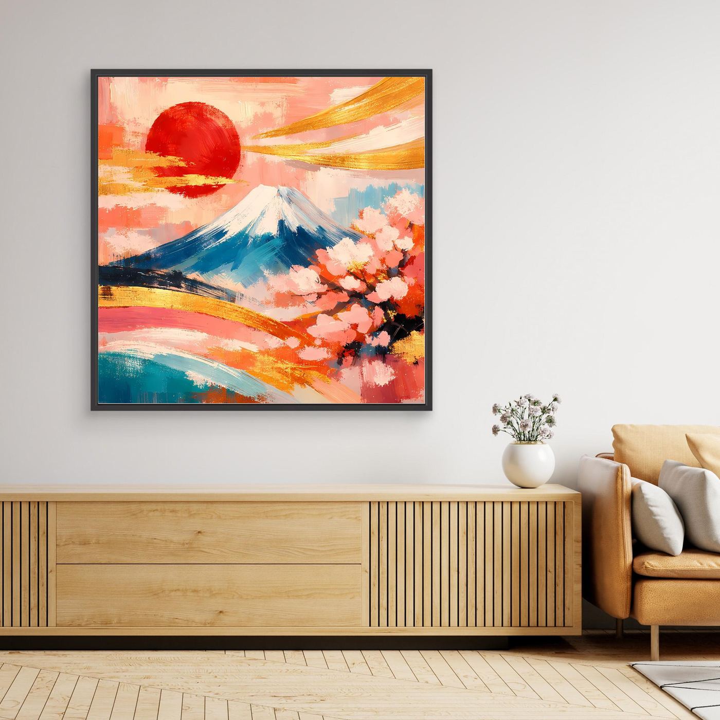 Wandbild mit Fuji, Kirschblüten und roter Sonne, mit schwarzem Rahmen