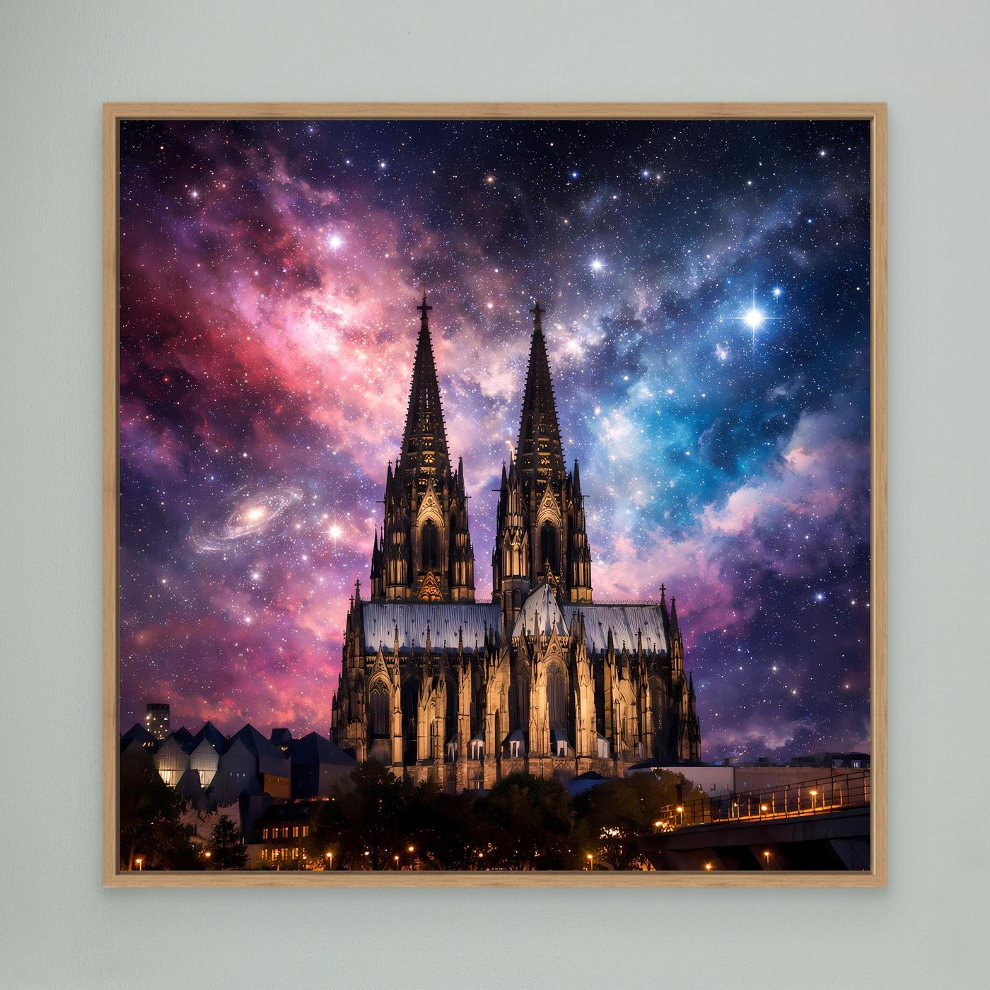 Leinwand Kosmischer Kölner Dom bei Nacht | Abstraktes Galaxie Wandbild