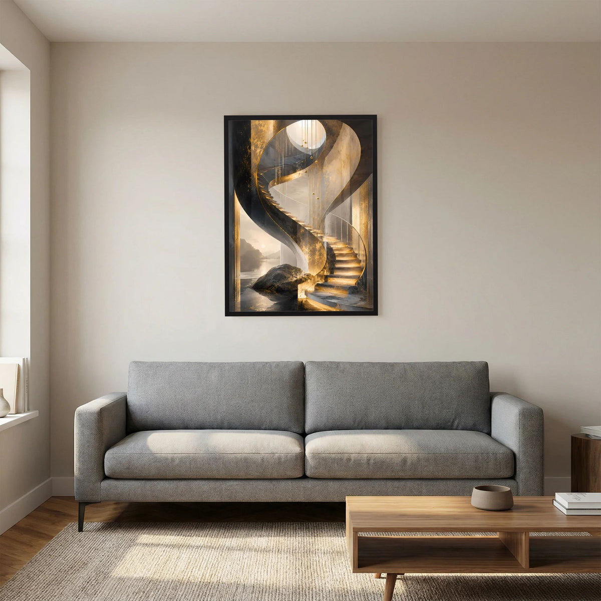 Gerahmtes Poster mit goldener Spiral-Treppe, dunklem Hintergrund und warmen Lichtakzenten