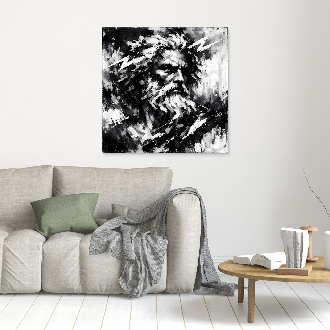 Small square black-and-white abstract bearded portrait wall art with lightning strokes