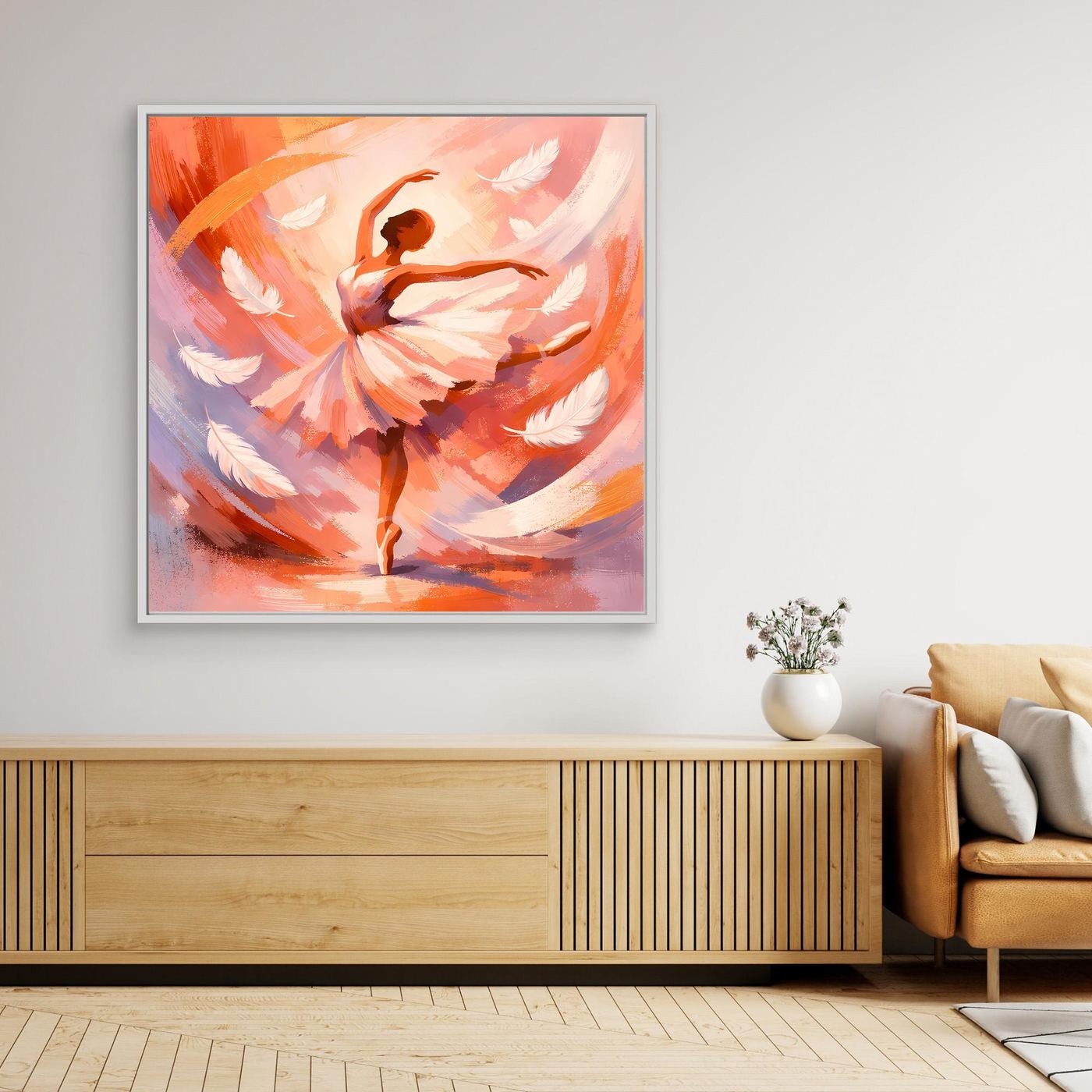 Gerahmtes Leinwandbild Ballerina abstrakt, warmes Orange/Rosa, weißer Rahmen